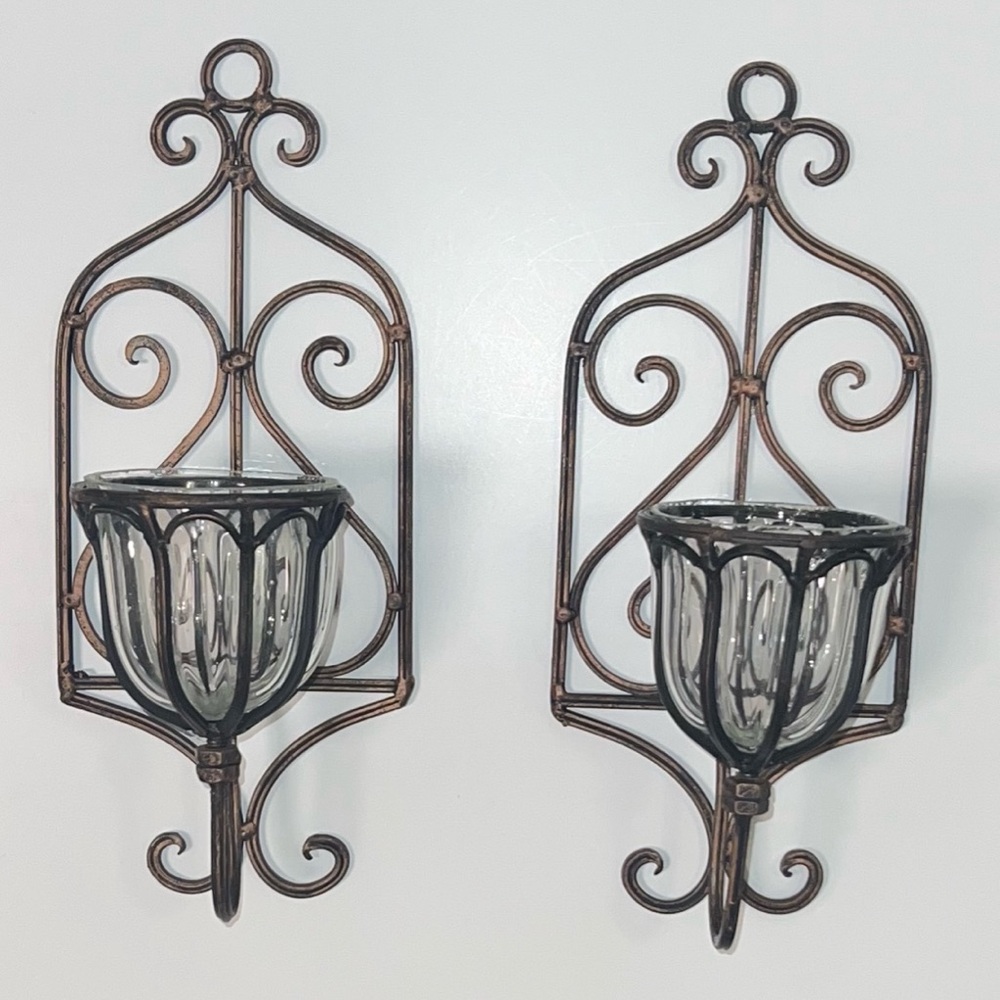 Pair Vintage Wrought Iron Wall Sconces Fixed Glass Candle Holders Rustic Decor